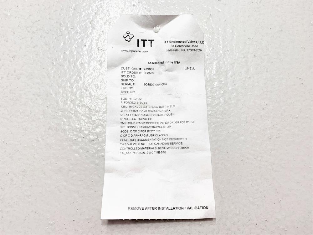 ITT Pure-Flo 3/4" Butt-Weld 316 Sanitary Diaphragm Valve .75-316L-RA35MAX-CWP200